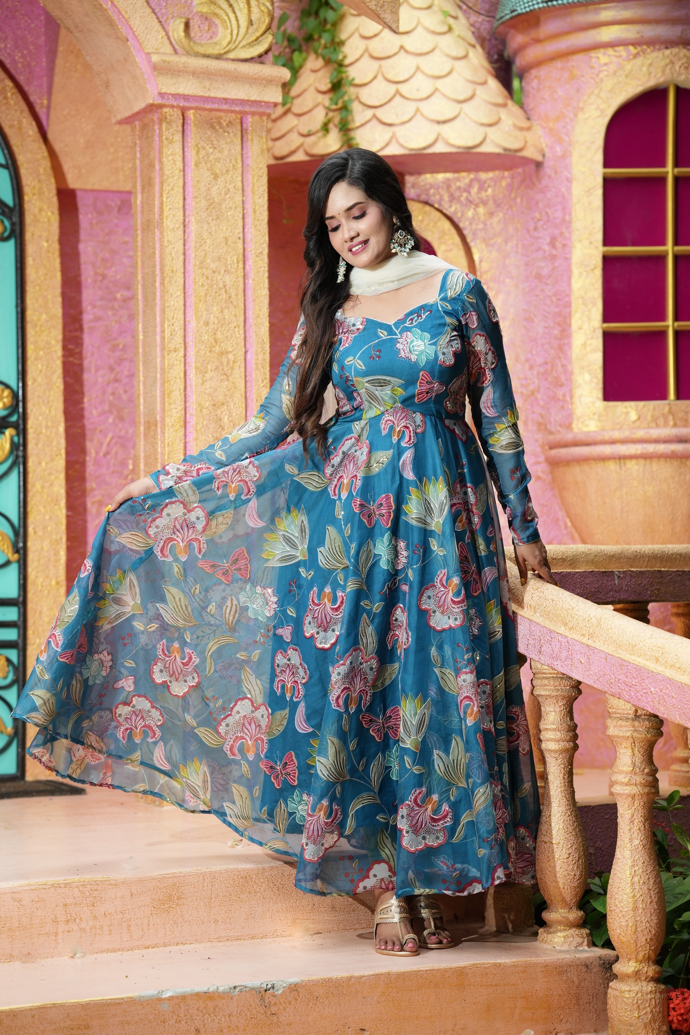 Sai Secrets Collections Women's Embroidered Organza Anarkali | Festive, Wedding & Party Wear | Available in Plus Sizes | EMBROIDERY ORGANZA Teal Blue