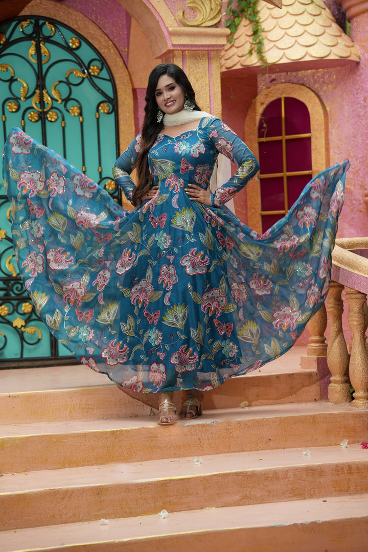 Sai Secrets Collections Women's Embroidered Organza Anarkali | Festive, Wedding & Party Wear | Available in Plus Sizes | EMBROIDERY ORGANZA Teal Blue