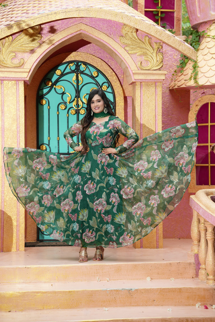 Sai Secrets Collections Women's Embroidered Organza Anarkali | Festive, Wedding & Party Wear | Available in Plus Sizes | EMBROIDERY ORGANZA GREEN