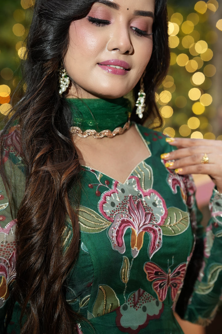 Sai Secrets Collections Women's Embroidered Organza Anarkali | Festive, Wedding & Party Wear | Available in Plus Sizes | EMBROIDERY ORGANZA GREEN