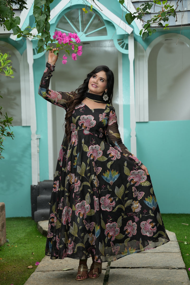 Sai Secrets Collections Women's Embroidered Organza Anarkali | Festive, Wedding & Party Wear | Available in Plus Sizes | EMBROIDERY ORGANZA BLACK