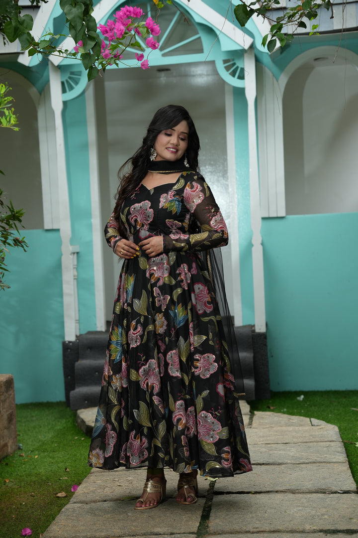 Sai Secrets Collections Women's Embroidered Organza Anarkali | Festive, Wedding & Party Wear | Available in Plus Sizes | EMBROIDERY ORGANZA BLACK