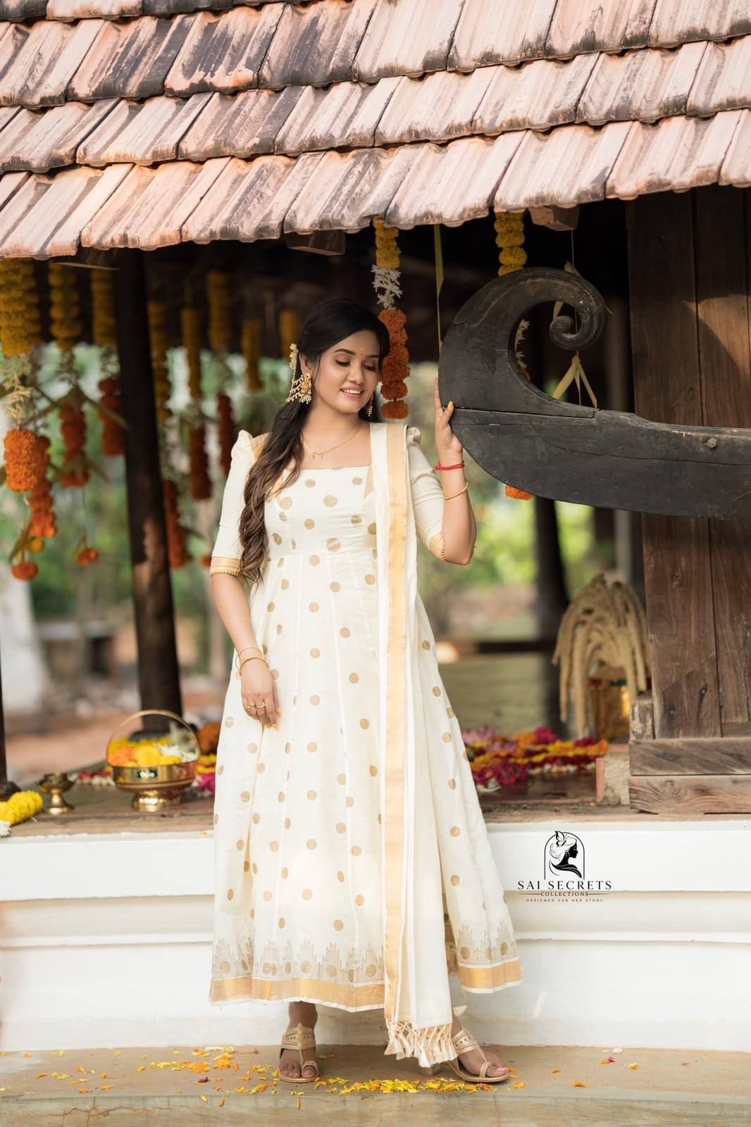 Sai Secrets Collections ONAM SPECIAL Series 3-KASAVU cotton Anarkali Elbow sleeves (Two set).