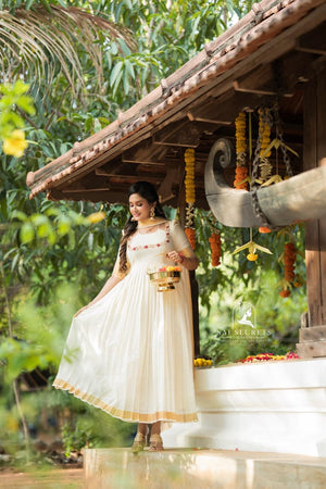 Sai Secrets Collections ONAM SPECIAL Series 1-Aari worked KASAVU cotton Anarkali (Two set).