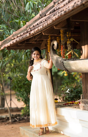 Sai Secrets Collections ONAM SPECIAL Series 1-Aari worked KASAVU cotton Anarkali (Two set).