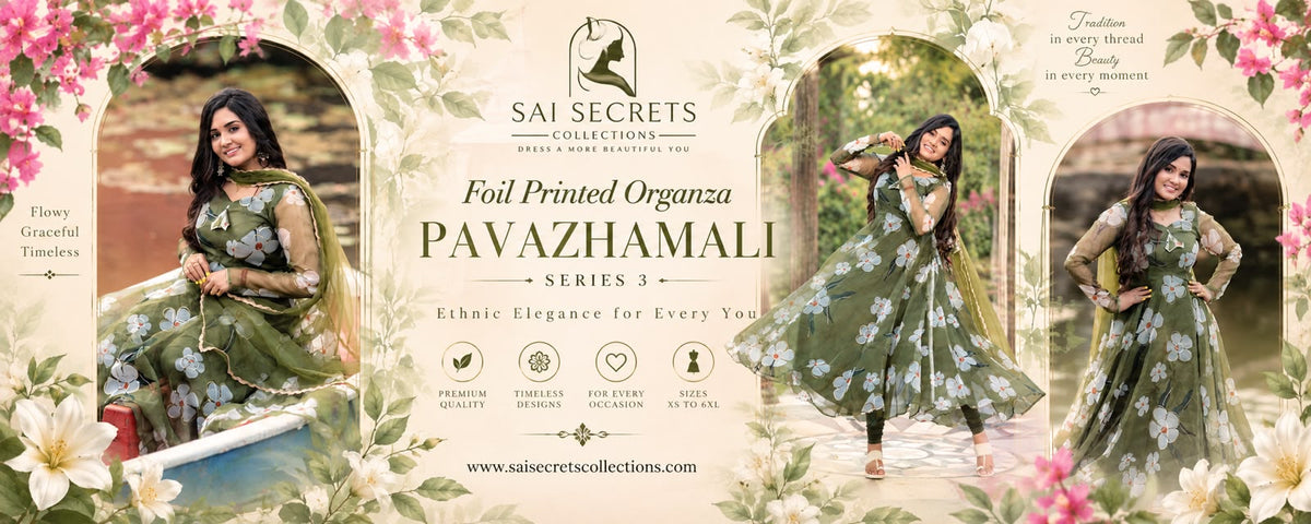 Promotional banner for SAI SECRETS COLLECTIONS PAVZHAMALI Series 3, featuring a green floral printed organza suit with a matching dupatta, shown in three lifestyle frames with a central text panel.