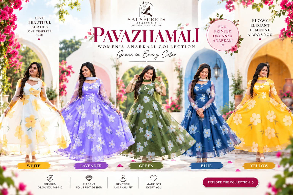 Promotional banner for the 'Pavazhamali Women's Anarkali Collection' by Sai Secrets, showcasing four models wearing colorful floral-printed anarkalis in white, lavender, green, and blue, alongside a yellow version. The background depicts a lush, garden-like setting with arches and pink flowers.