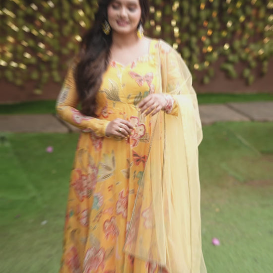 Sai Secrets Collections Women's Embroidered Organza Anarkali | Festive, Wedding & Party Wear | Available in Plus Sizes | EMBROIDERY ORGANZA Yellow.