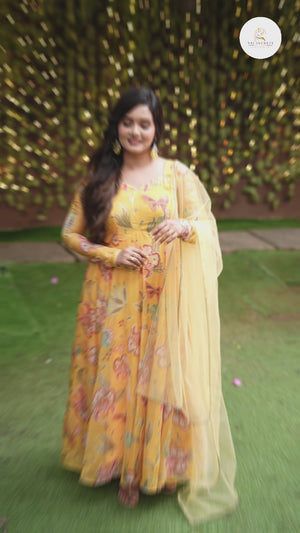 Sai Secrets Collections Women's Embroidered Organza Anarkali | Festive, Wedding & Party Wear | Available in Plus Sizes | EMBROIDERY ORGANZA Yellow.
