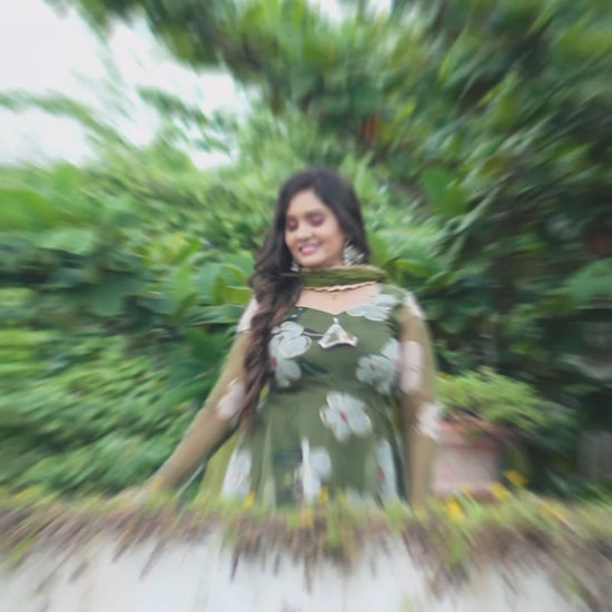 Sai Secrets Collections Women's  Anarkali _ Pavazhamali MATERIAL-FOIL PRINTED ORGANZA Olive Green.