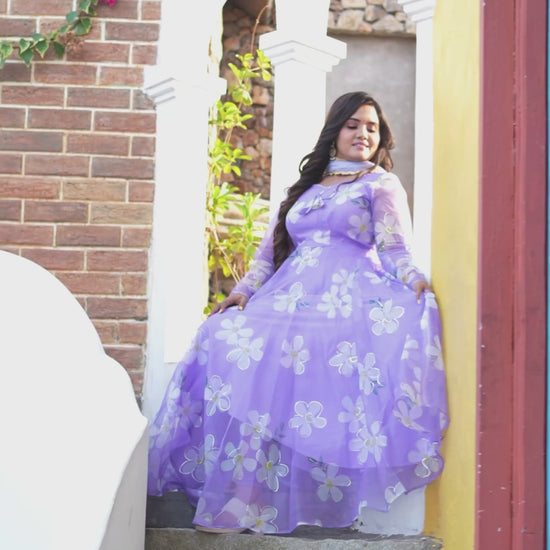 Sai Secrets Collections Women's  Anarkali - Pavazhamali MATERIAL-FOIL PRINTED ORGANZA - LAVENDER.