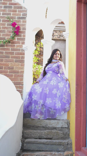 Sai Secrets Collections Women's  Anarkali - Pavazhamali MATERIAL-FOIL PRINTED ORGANZA - LAVENDER.