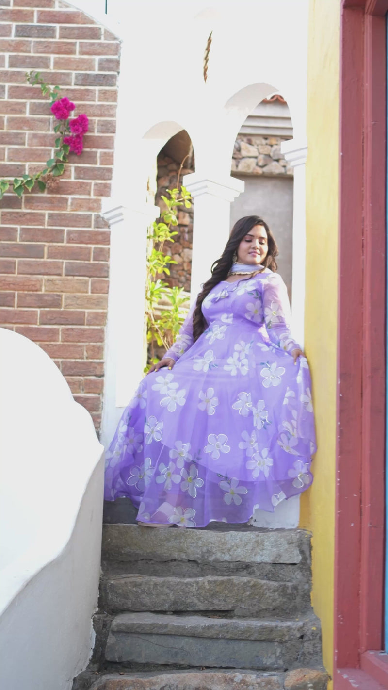 Sai Secrets Collections Women's  Anarkali - Pavazhamali MATERIAL-FOIL PRINTED ORGANZA - LAVENDER.