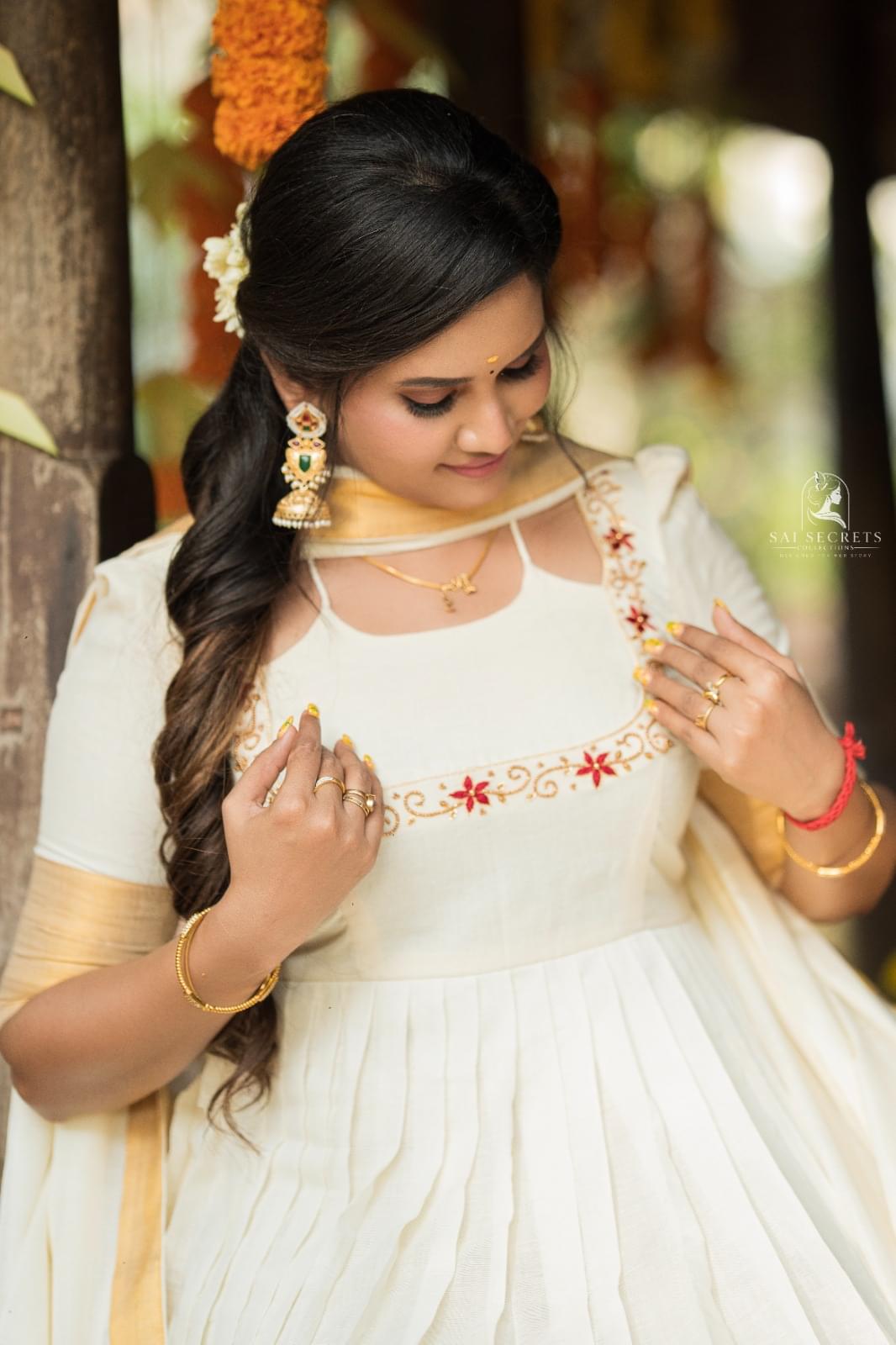 Sai Secrets Collections ONAM SPECIAL Series 1-Aari worked KASAVU cotton Anarkali (Two set).